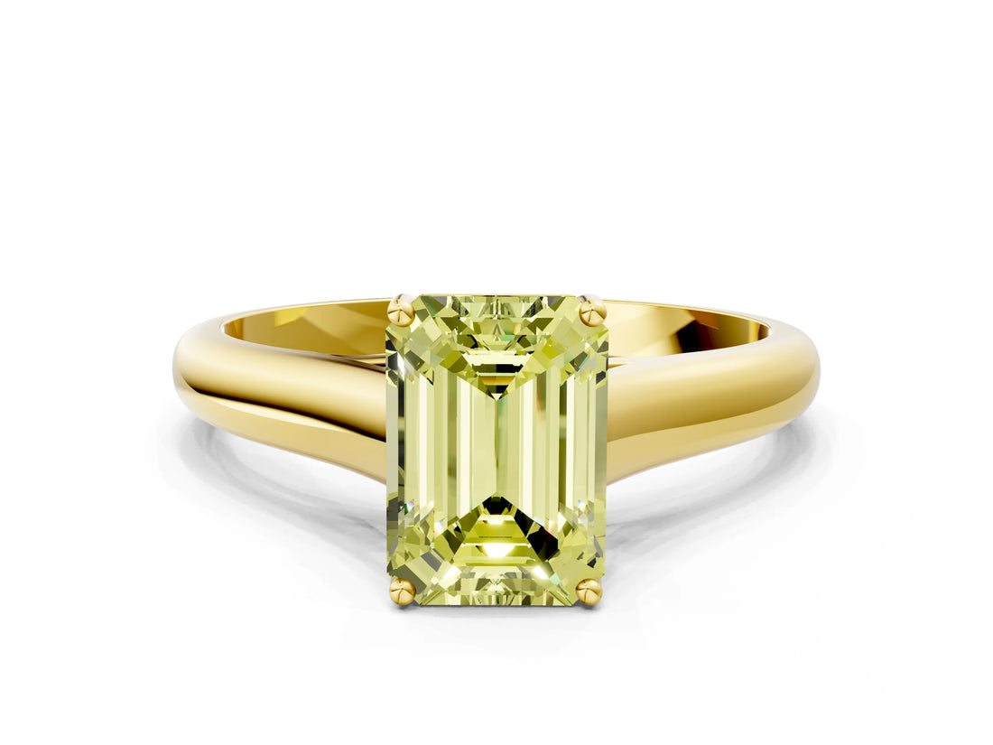Yellow gold Fancy Yellow Emerald Cut Solitaire Engagement Ring with Tapered Band and Four-Prong Setting_3