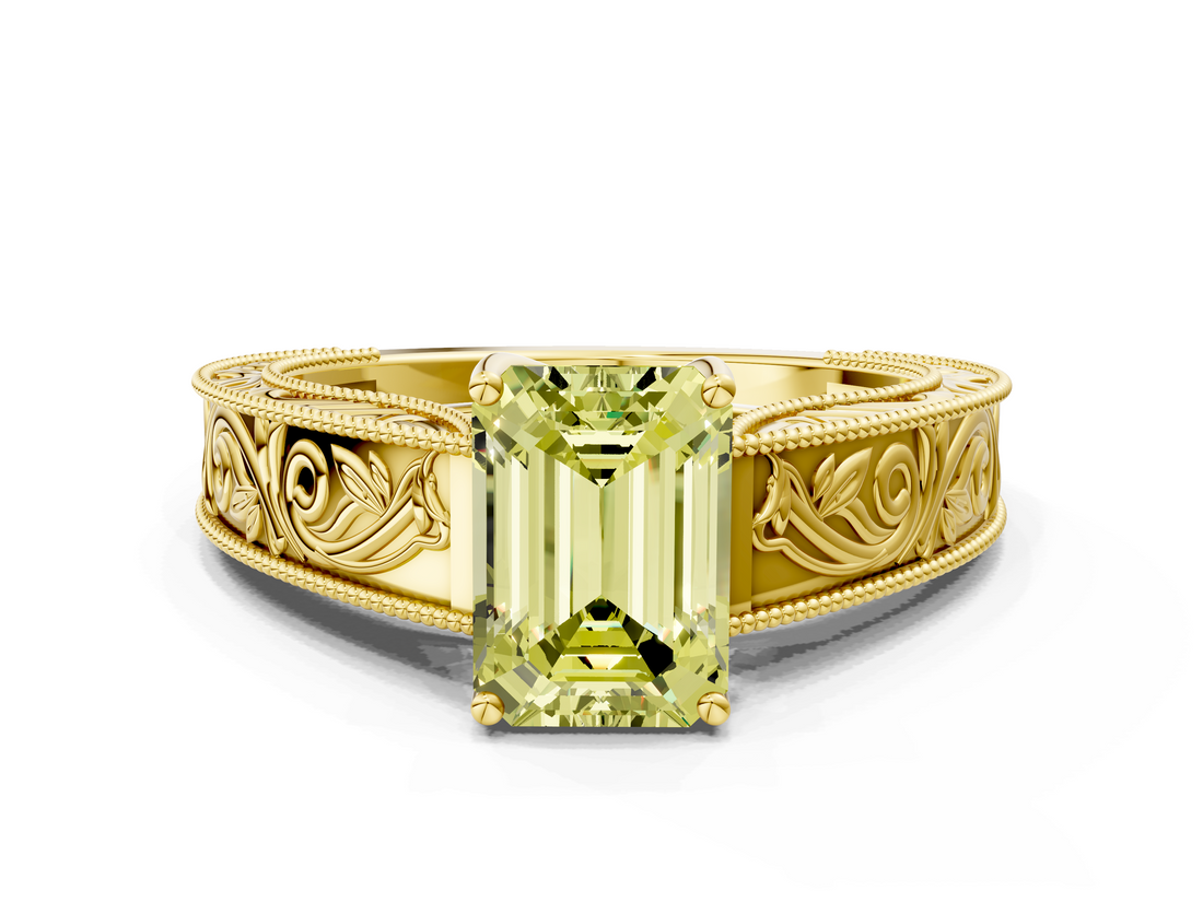 Yellow gold Fancy Yellow Emerald  Cut Solitaire Engraved Band with Four-Prong Setting_79