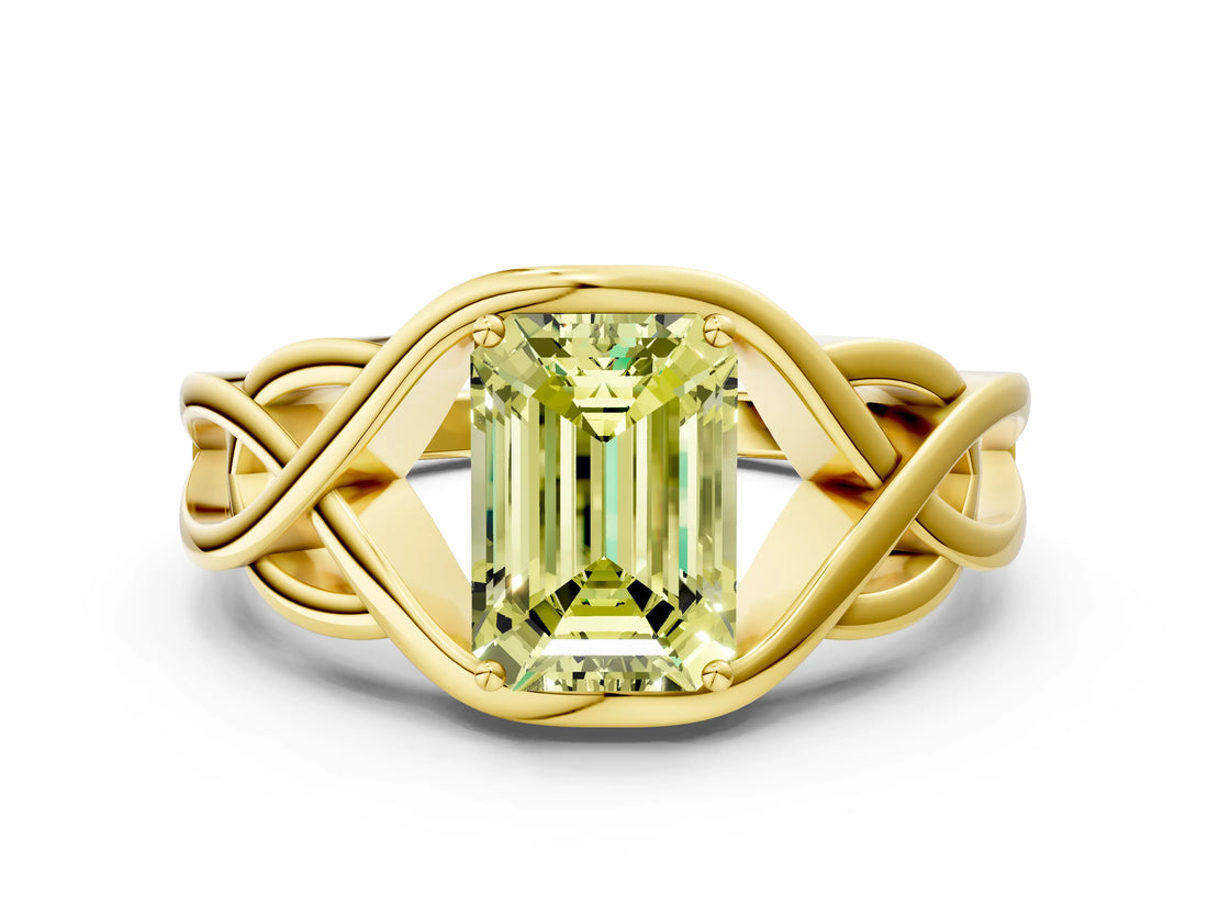 Yellow gold Fancy Yellow Emerald Cut Solitaire Intertwined Band Prong Setting Ring