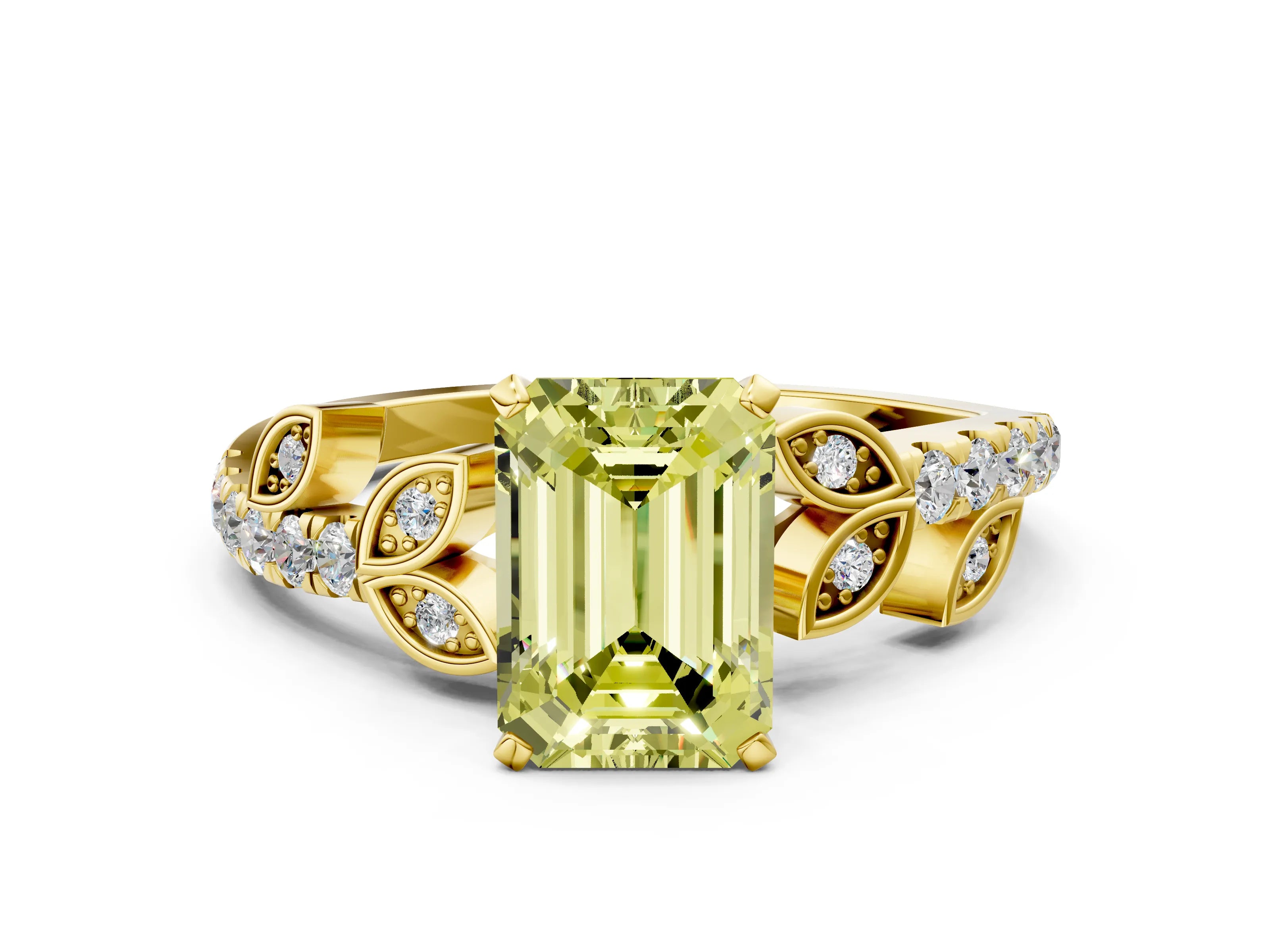 Yellow gold Fancy Yellow Emerald Cut Solitaire Leaf-Inspired Diamond Ring with Pavé Band and Four-Prong Setting
