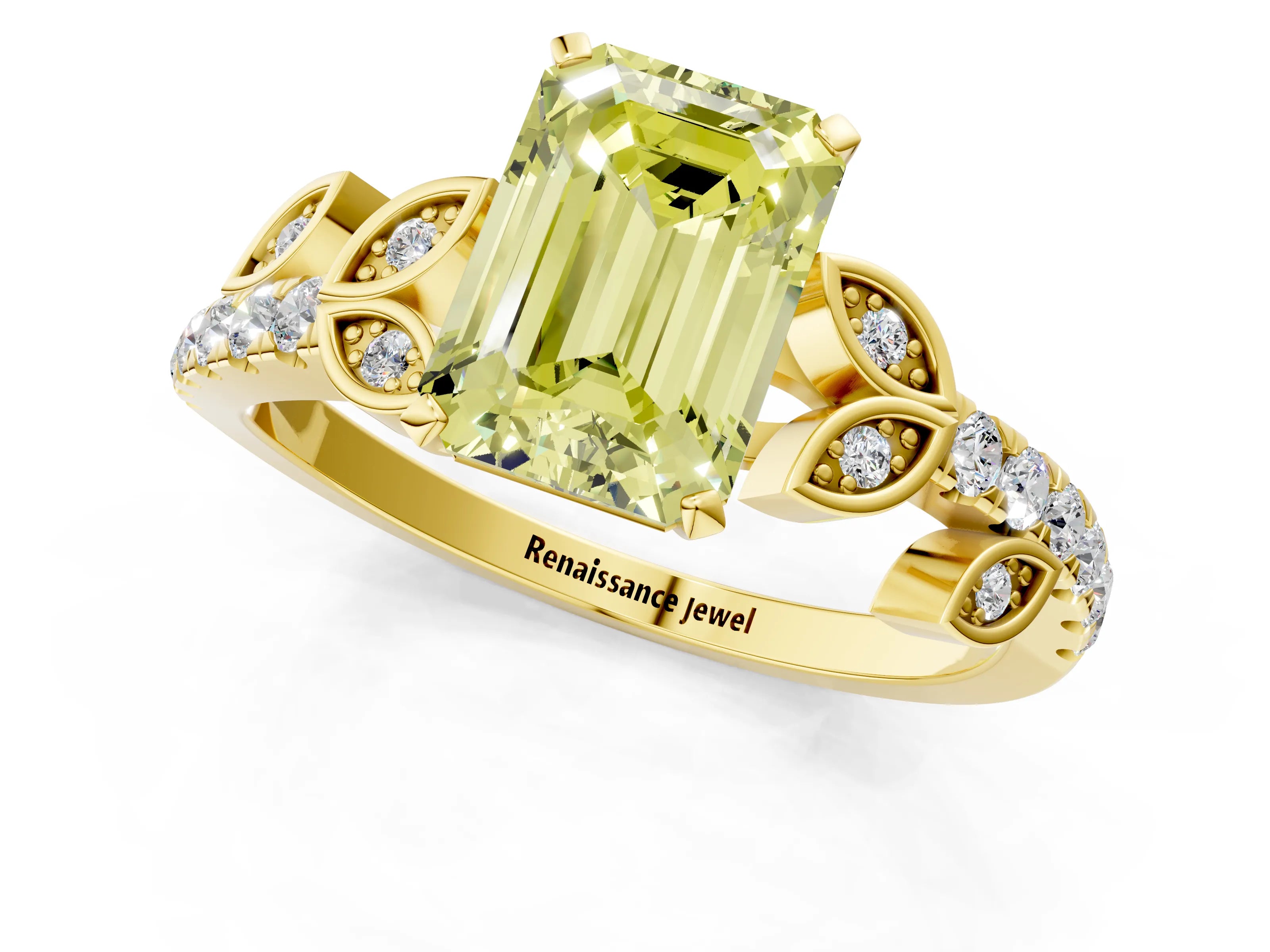 Yellow gold Fancy Yellow Emerald Cut Solitaire Leaf-Inspired Diamond Ring with Pavé Band and Four-Prong Setting_1