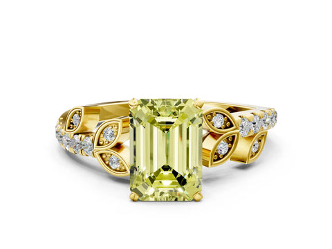 Yellow gold Fancy Yellow Emerald Cut Solitaire Leaf-Inspired Diamond Ring with Pavé Band and Four-Prong Setting