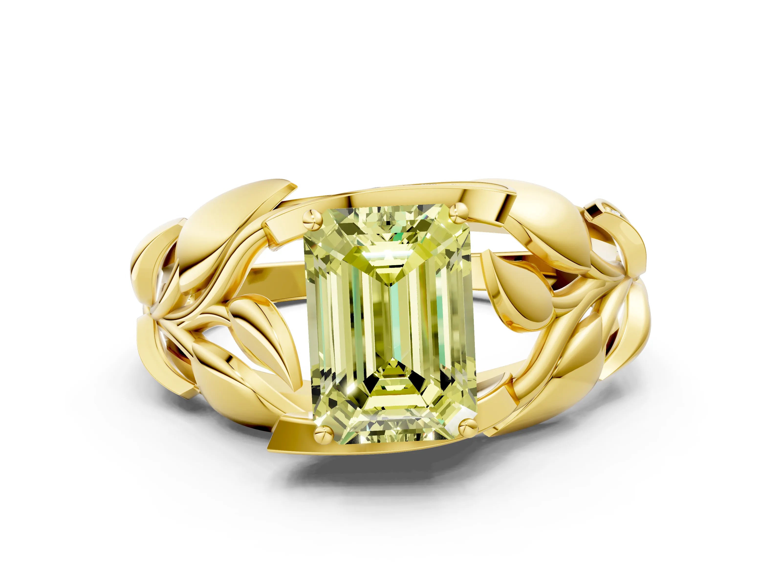 Yellow gold Fancy Yellow Emerald Cut Solitaire Leaf-Inspired Engagement Ring with Prong Setting