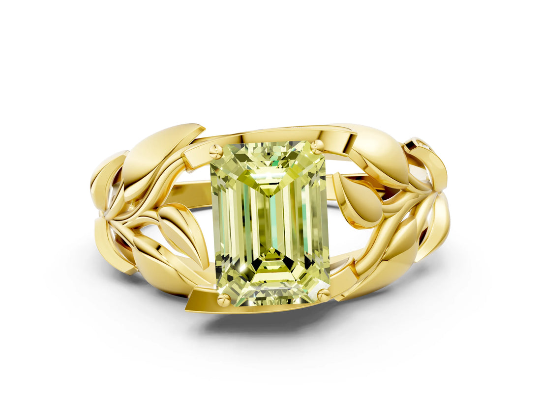 Yellow gold Fancy Yellow Emerald Cut Solitaire Leaf-Inspired Engagement Ring with Prong Setting_12