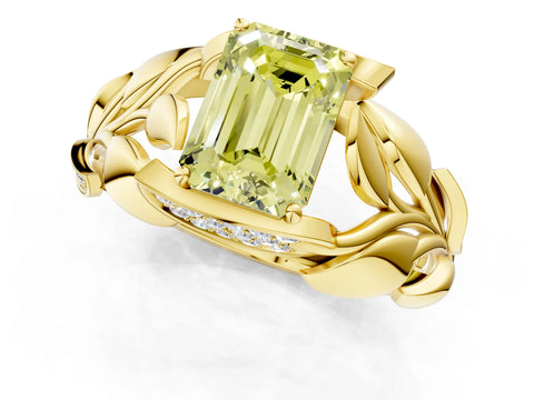 Yellow gold Fancy Yellow Emerald Cut Solitaire Leaf-Inspired Engagement Ring with Prong Setting_1
