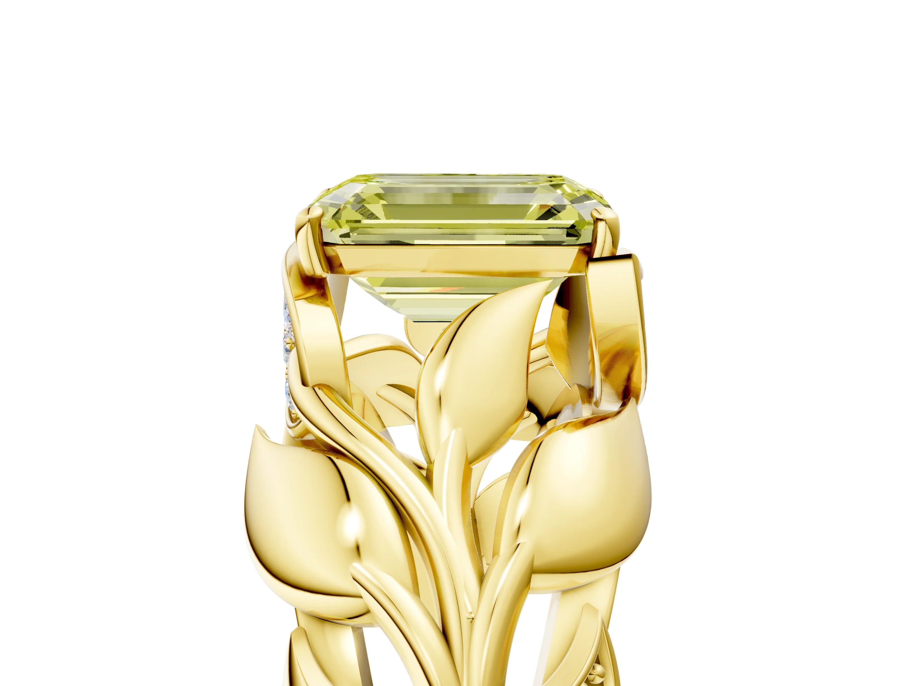 Yellow gold Fancy Yellow Emerald Cut Solitaire Leaf-Inspired Engagement Ring with Prong Setting_5
