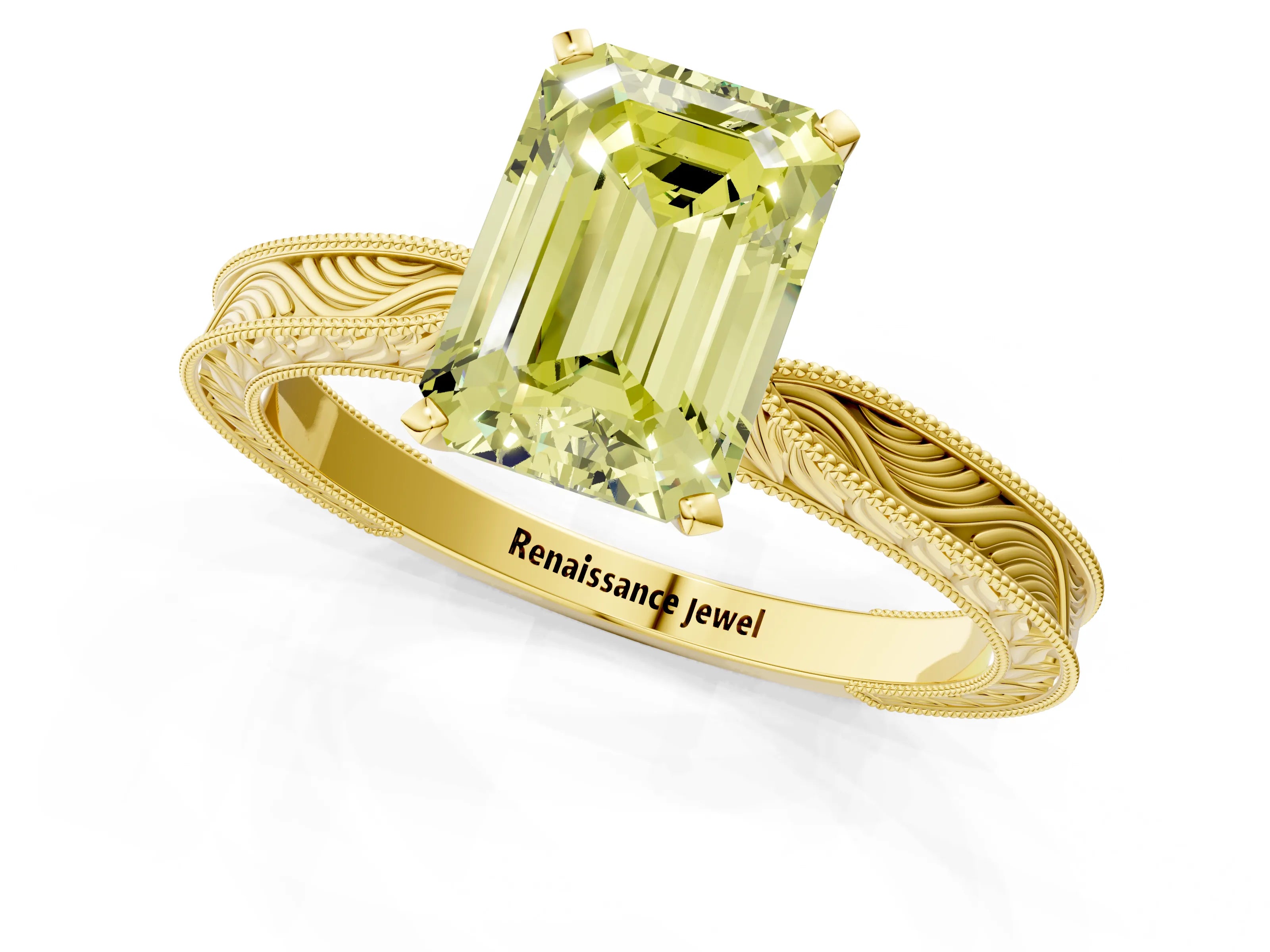 Yellow gold Fancy Yellow Emerald Cut Solitaire Milgrain Engraved Band with Four-Prong Setting_1
