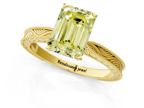 Yellow gold Fancy Yellow Emerald Cut Solitaire Milgrain Engraved Band with Four-Prong Setting_1