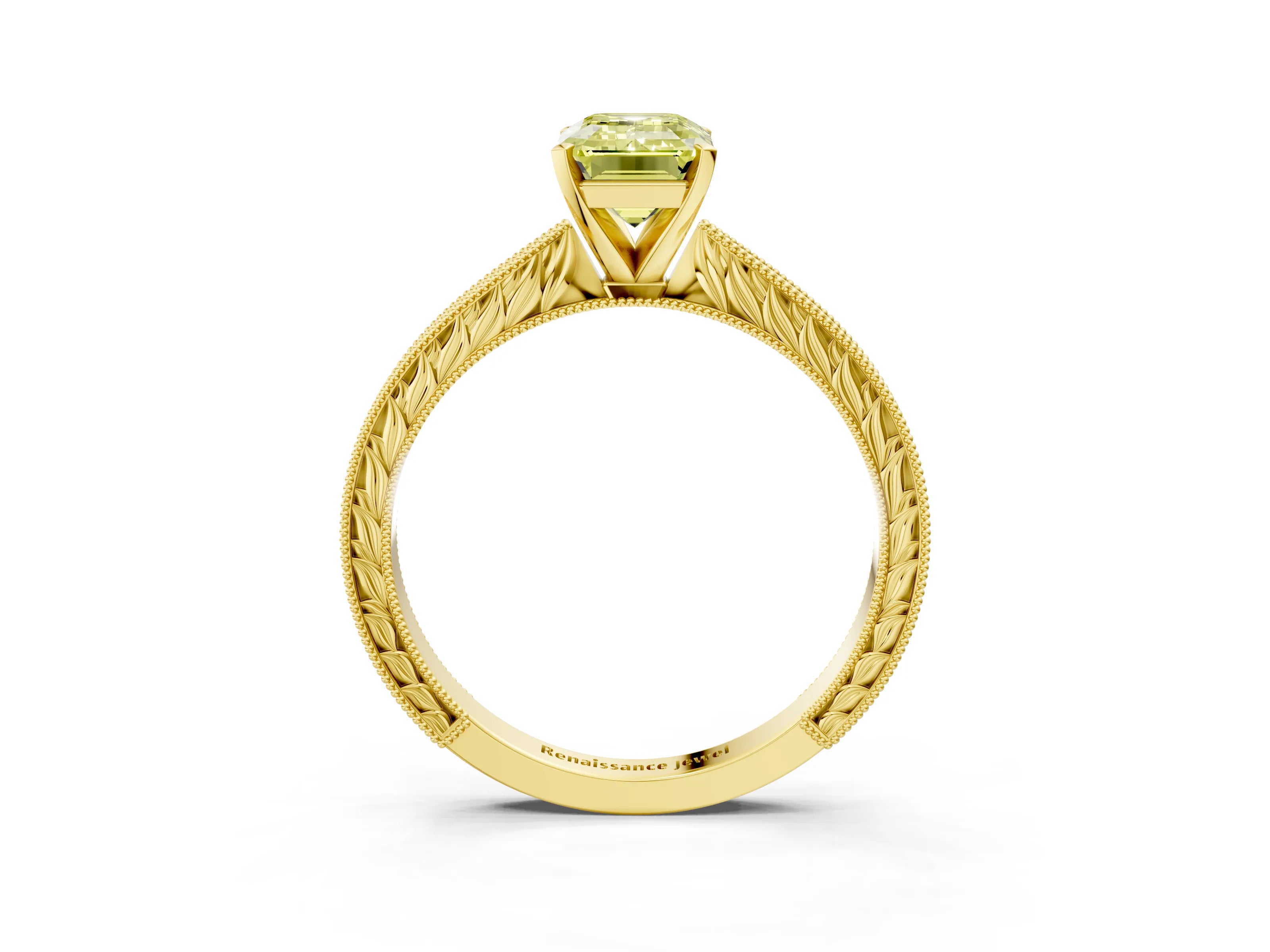 Yellow gold Fancy Yellow Emerald Cut Solitaire Milgrain Engraved Band with Four-Prong Setting_3