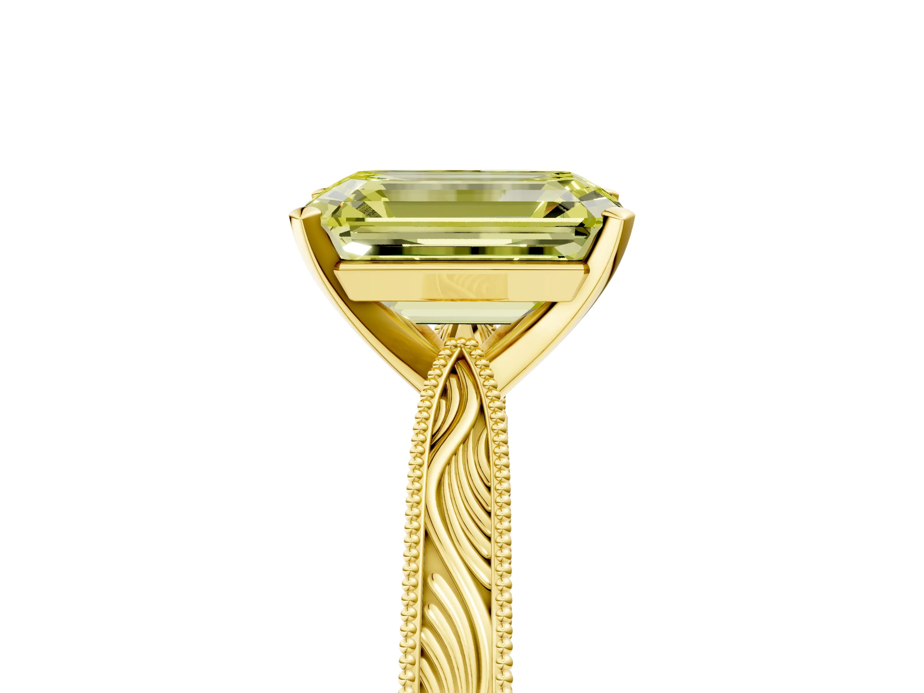 Yellow gold Fancy Yellow Emerald Cut Solitaire Milgrain Engraved Band with Four-Prong Setting_5