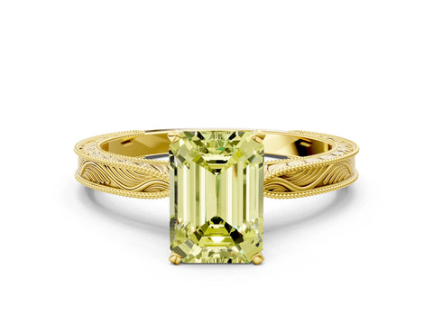 Yellow gold Fancy Yellow Emerald Cut Solitaire Milgrain Engraved Band with Four-Prong Setting