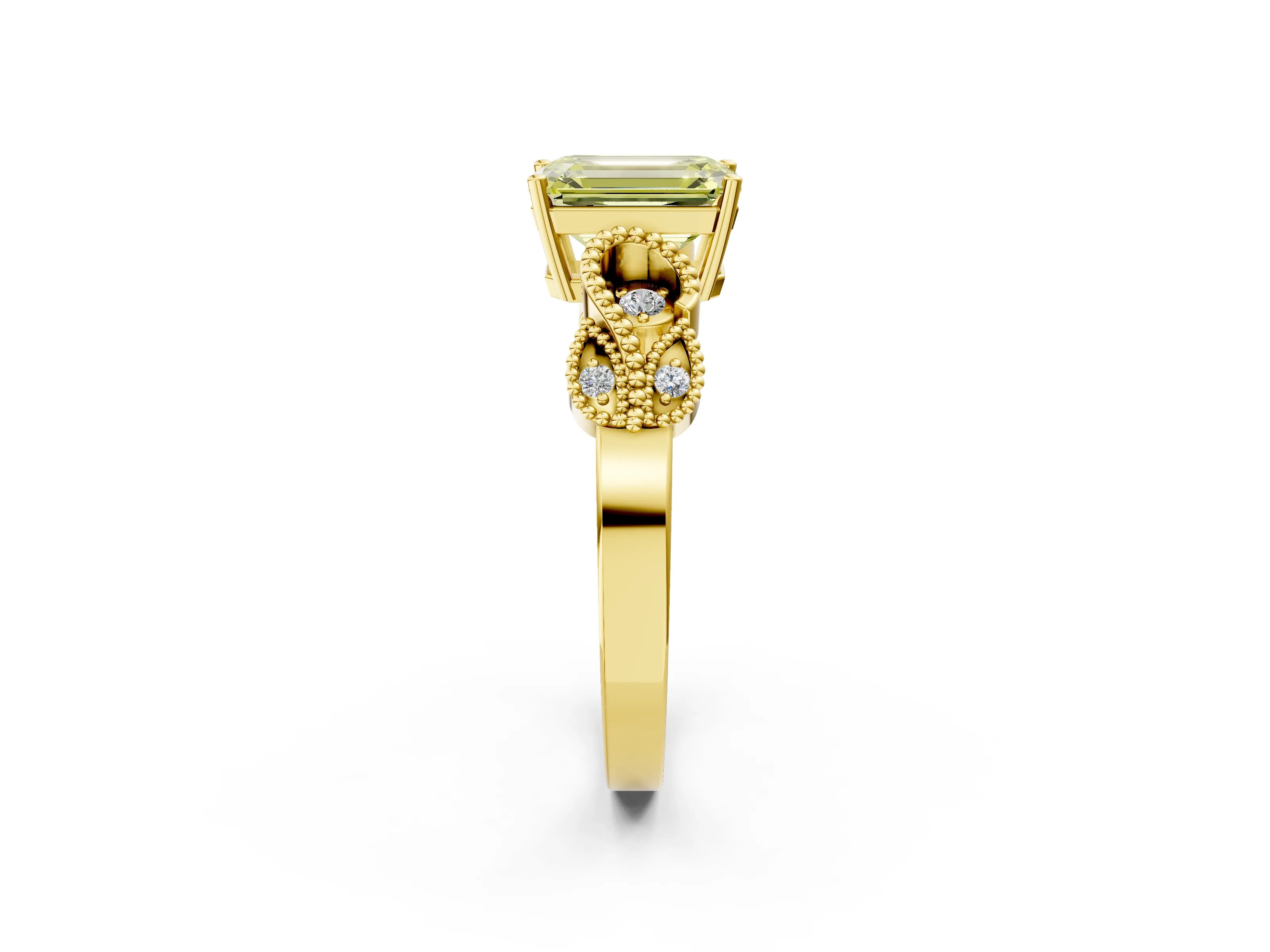 Yellow gold Fancy Yellow Emerald Cut Solitaire Milgrain Leaf Band with Prong Setting_2