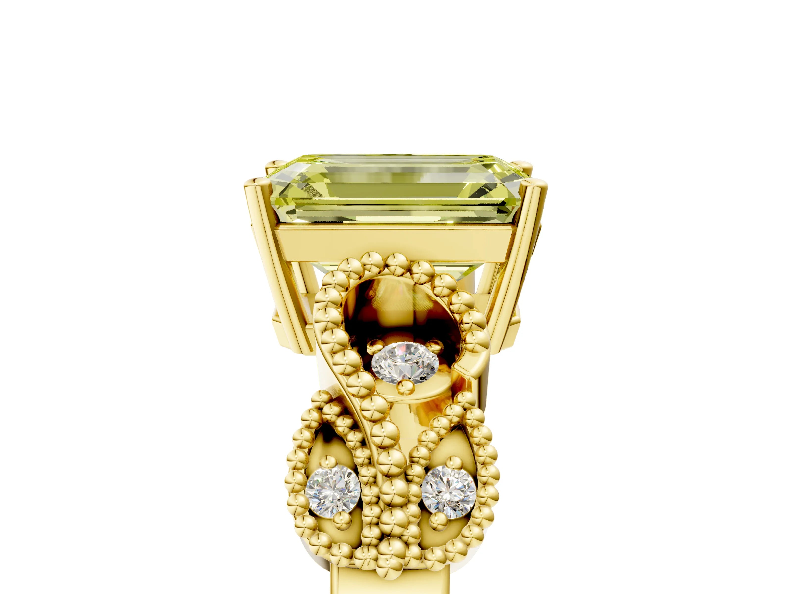 Yellow gold Fancy Yellow Emerald Cut Solitaire Milgrain Leaf Band with Prong Setting_5