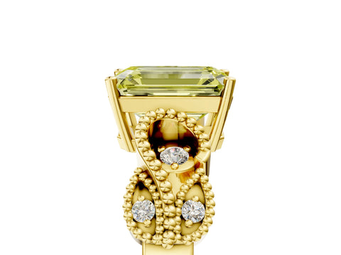 Yellow gold Fancy Yellow Emerald Cut Solitaire Milgrain Leaf Band with Prong Setting_5
