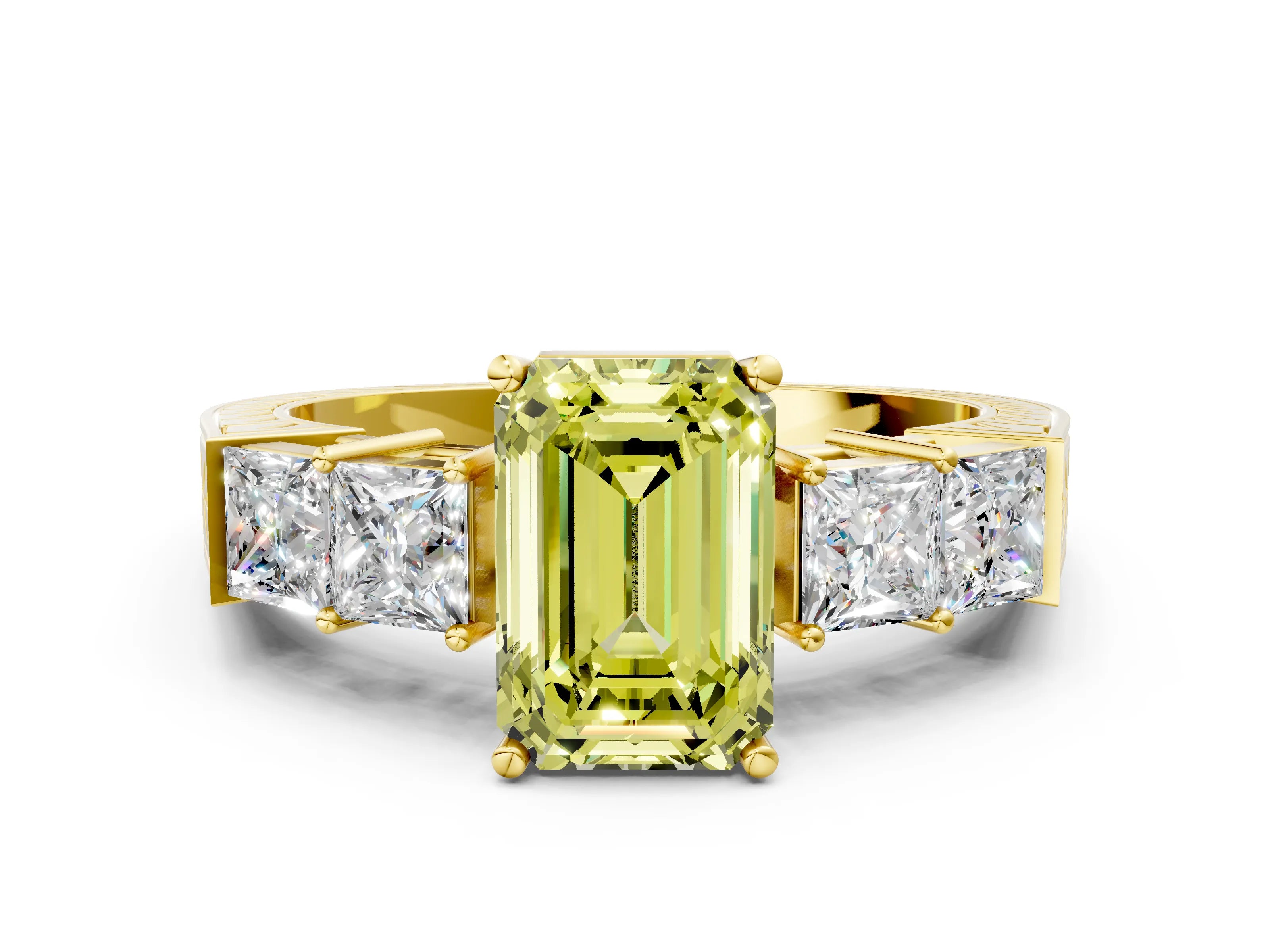 Yellow gold Fancy Yellow Emerald Cut Solitaire Princess Side Stone Engraved Band Prong Setting Ring