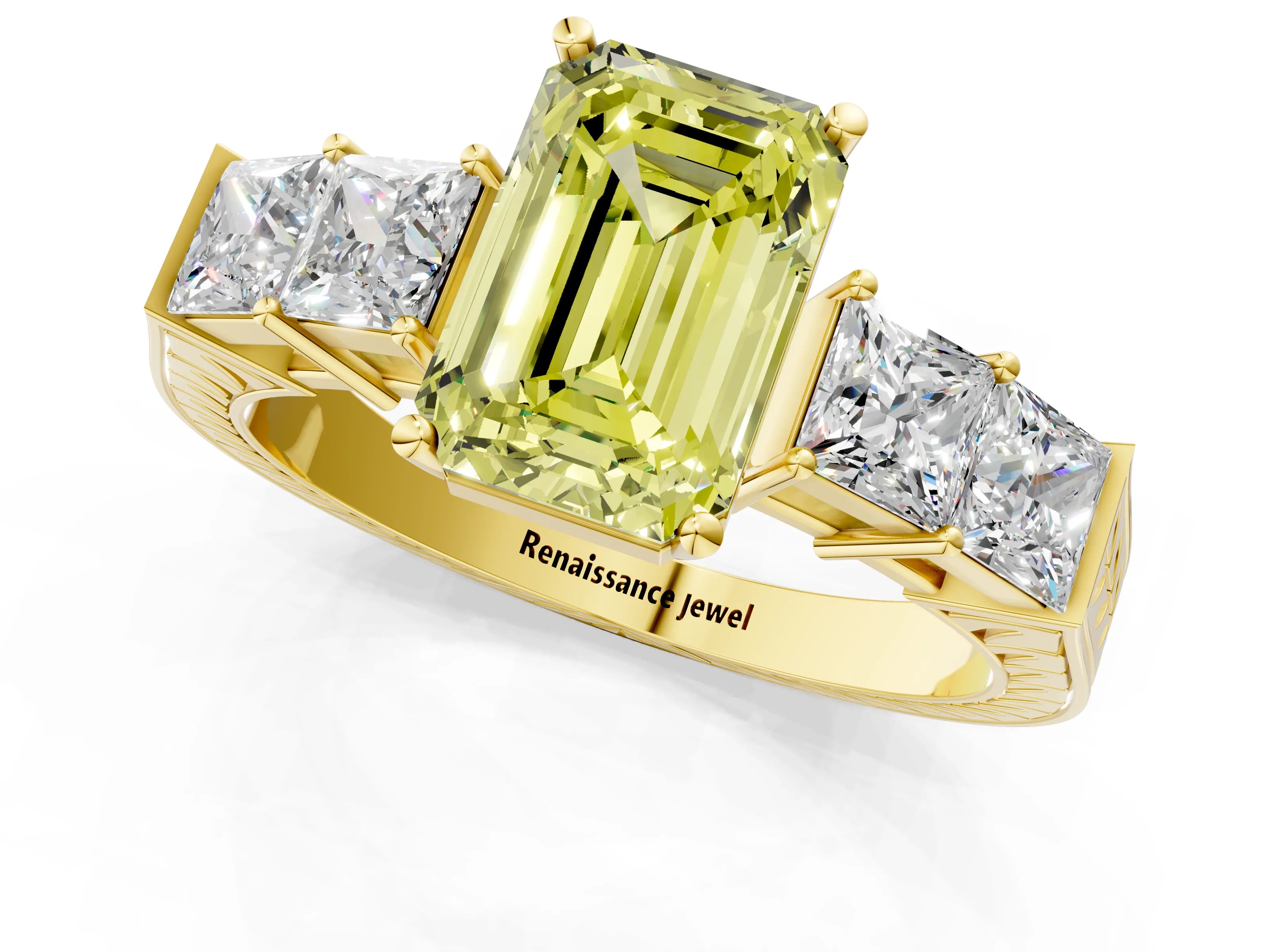 Yellow gold Fancy Yellow Emerald Cut Solitaire Princess Side Stone Engraved Band Prong Setting Ring_1