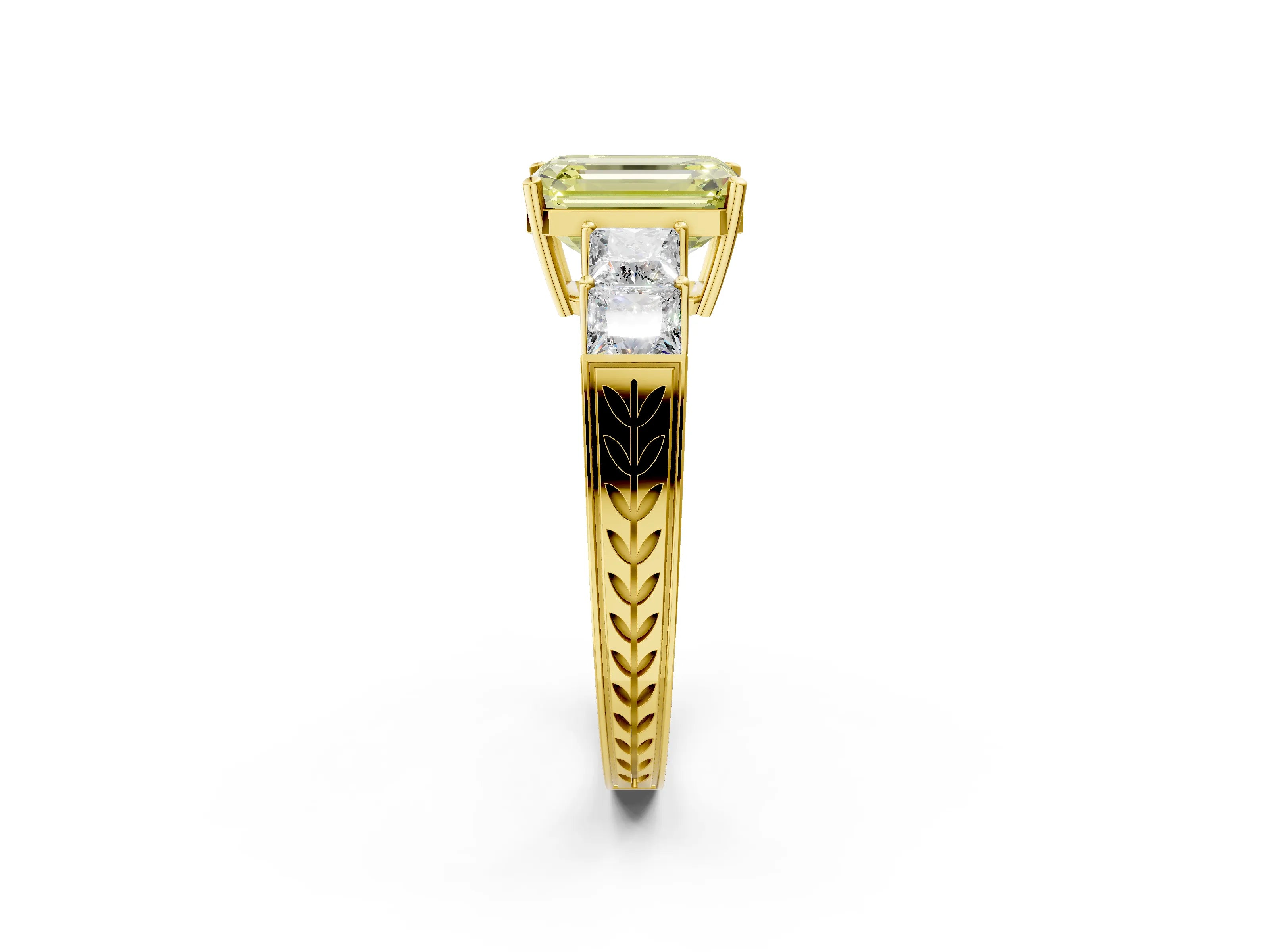 Yellow gold Fancy Yellow Emerald Cut Solitaire Princess Side Stone Engraved Band Prong Setting Ring_2