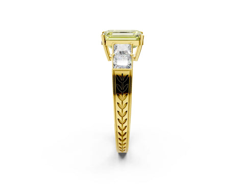 Yellow gold Fancy Yellow Emerald Cut Solitaire Princess Side Stone Engraved Band Prong Setting Ring_2