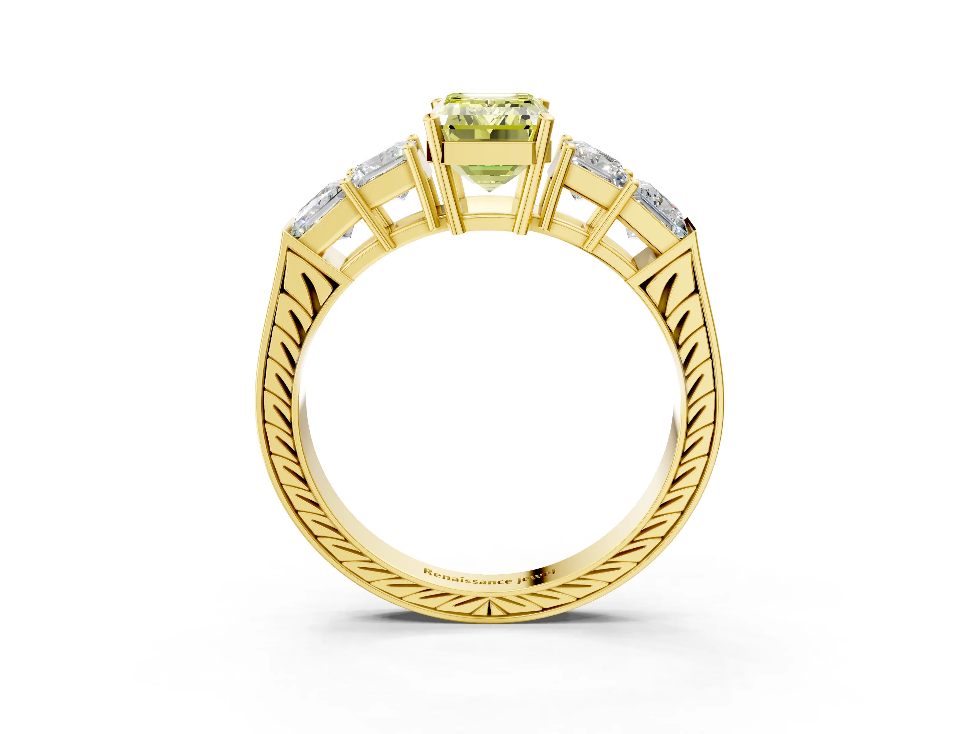 Yellow gold Fancy Yellow Emerald Cut Solitaire Princess Side Stone Engraved Band Prong Setting Ring_3