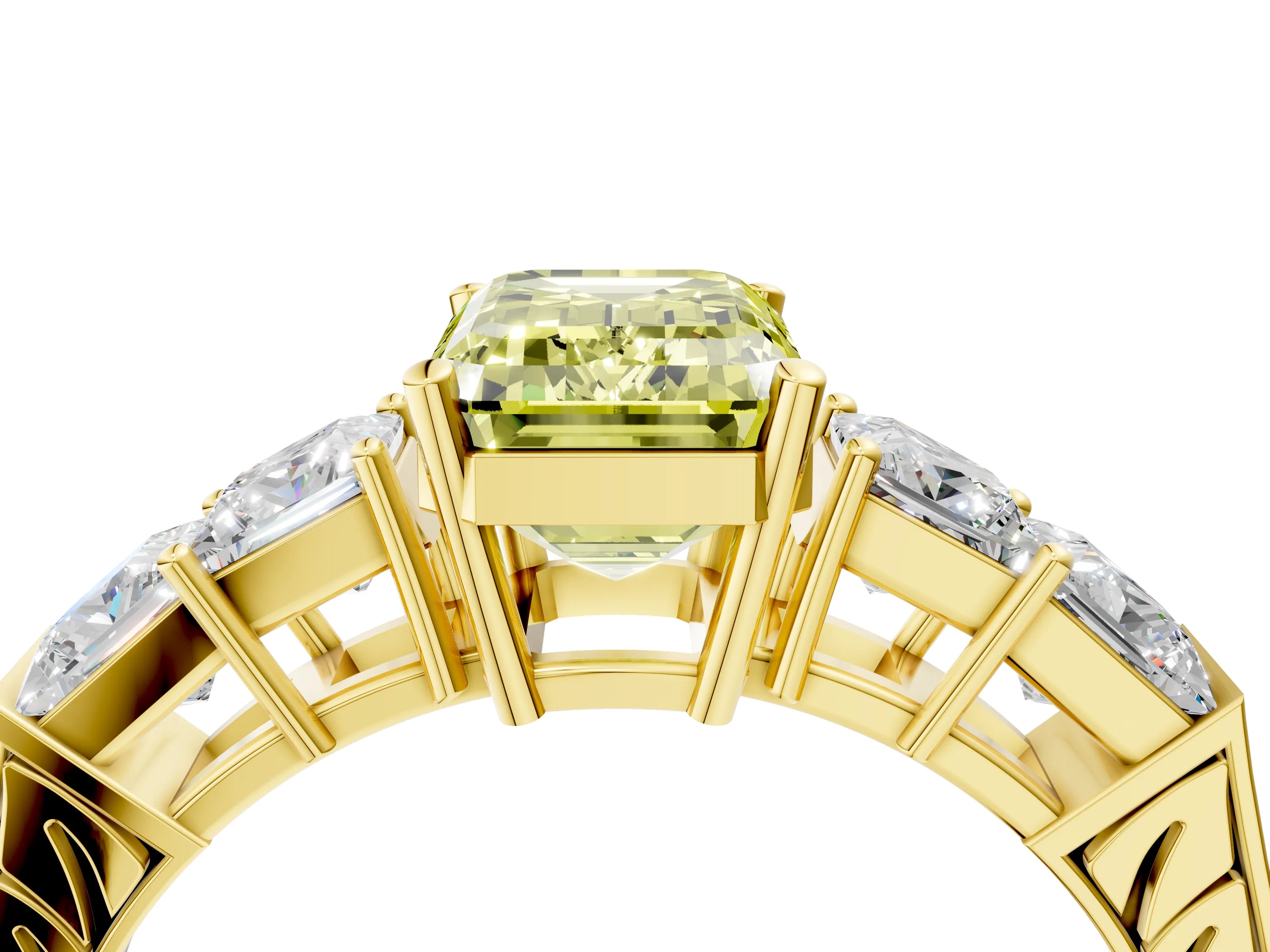 Yellow gold Fancy Yellow Emerald Cut Solitaire Princess Side Stone Engraved Band Prong Setting Ring_4
