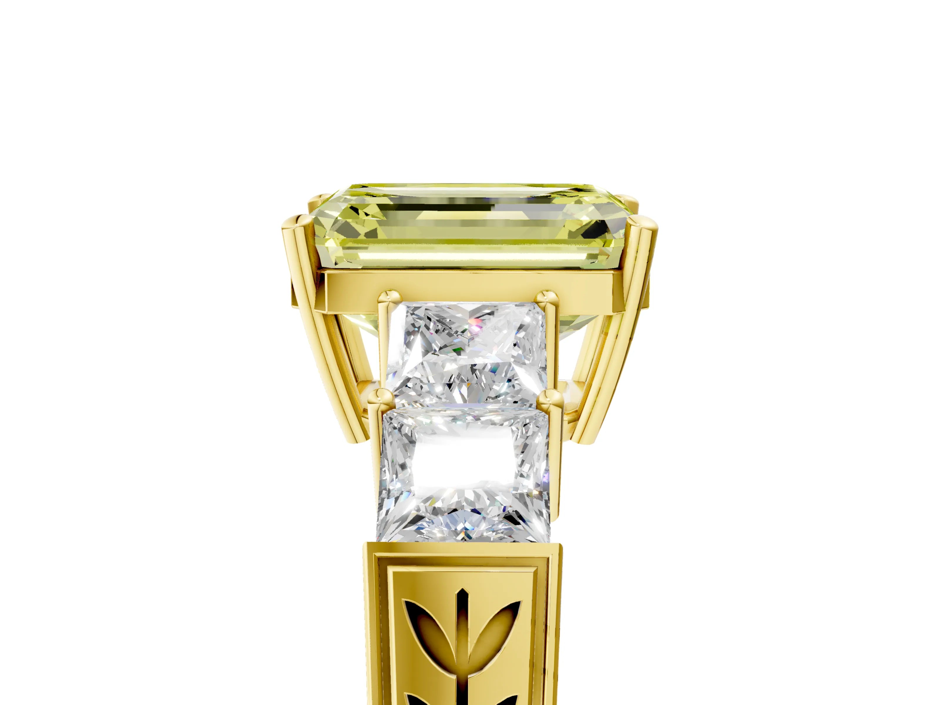 Yellow gold Fancy Yellow Emerald Cut Solitaire Princess Side Stone Engraved Band Prong Setting Ring_5