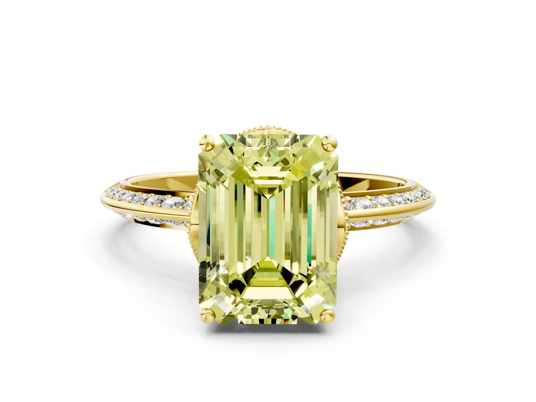 Yellow gold Fancy Yellow Emerald Cut Solitaire Split Shank Pave Diamond Engagement Ring with Four-Prong Setting