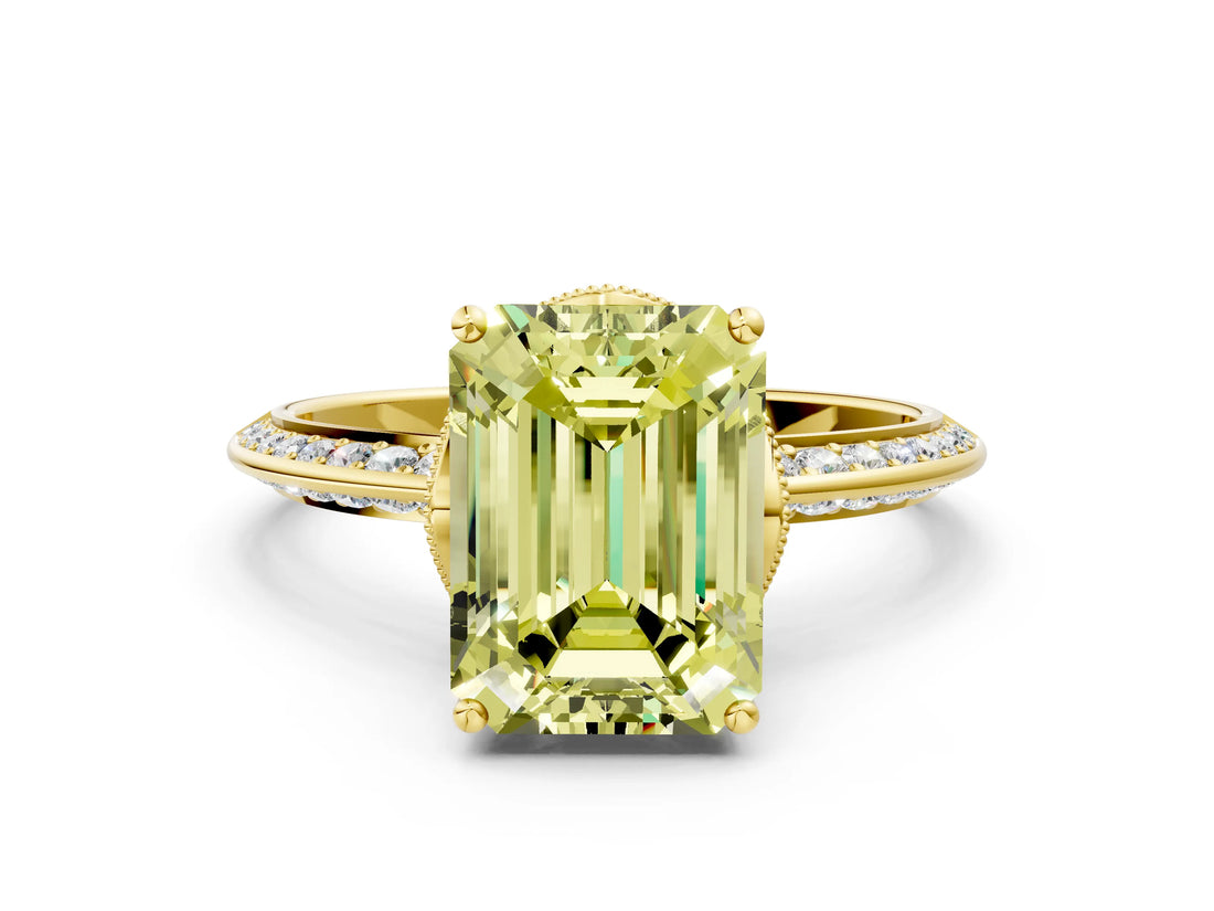 Yellow gold Fancy Yellow Emerald Cut Solitaire Split Shank Pave Diamond Engagement Ring with Four-Prong Setting_36