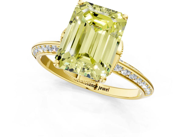 Yellow Gold Emerald Cut Graduated Pave Engagement Ring Setting for Fancy Yellow Center