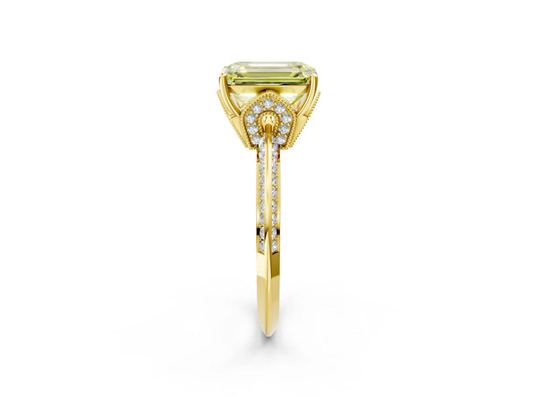 Yellow Gold Emerald Cut Graduated Pave Engagement Ring Setting for Fancy Yellow Center