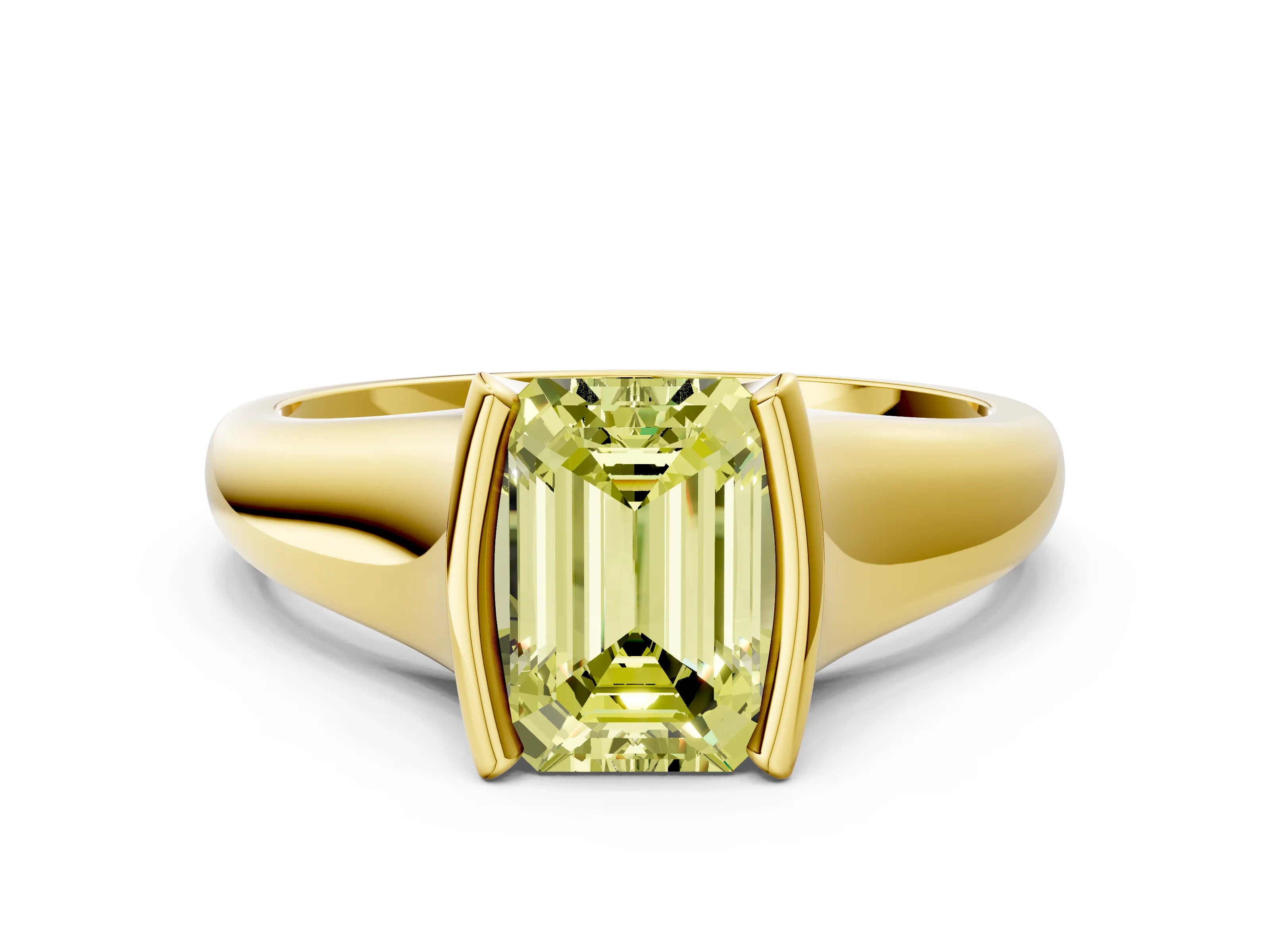 Yellow gold Fancy Yellow Emerald Cut Solitaire Tension Set Diamond Ring with Split Shank Band