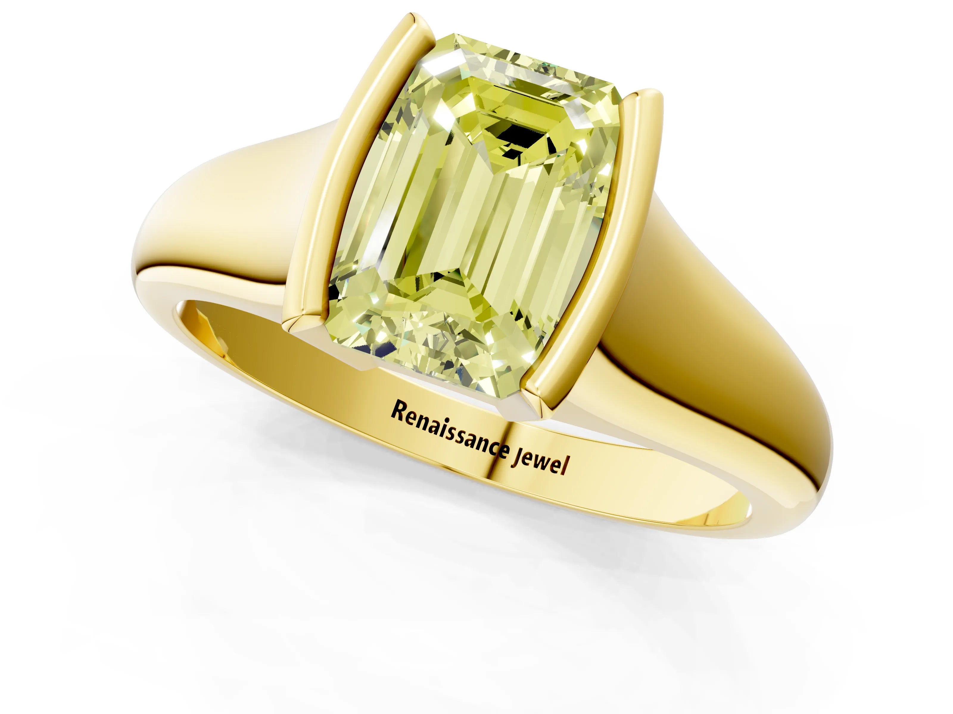 Yellow gold Fancy Yellow Emerald Cut Solitaire Tension Set Diamond Ring with Split Shank Band_1