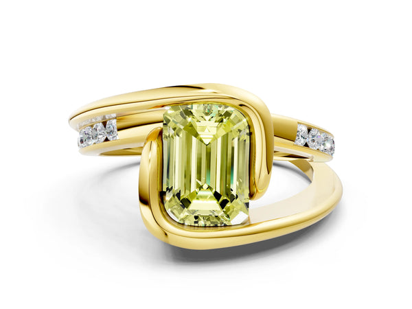 Yellow gold Fancy Yellow Emerald Cut Solitaire Tension-Set Diamond Split Shank Ring