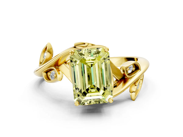 Yellow gold Fancy Yellow Emerald Cut Solitaire Twist Engagement Ring with Leaf Accents and Prong Setting