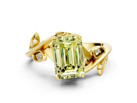 Yellow gold Fancy Yellow Emerald Cut Solitaire Twist Engagement Ring with Leaf Accents and Prong Setting_12