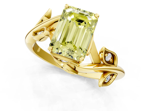 Yellow gold Fancy Yellow Emerald Cut Solitaire Twist Engagement Ring with Leaf Accents and Prong Setting