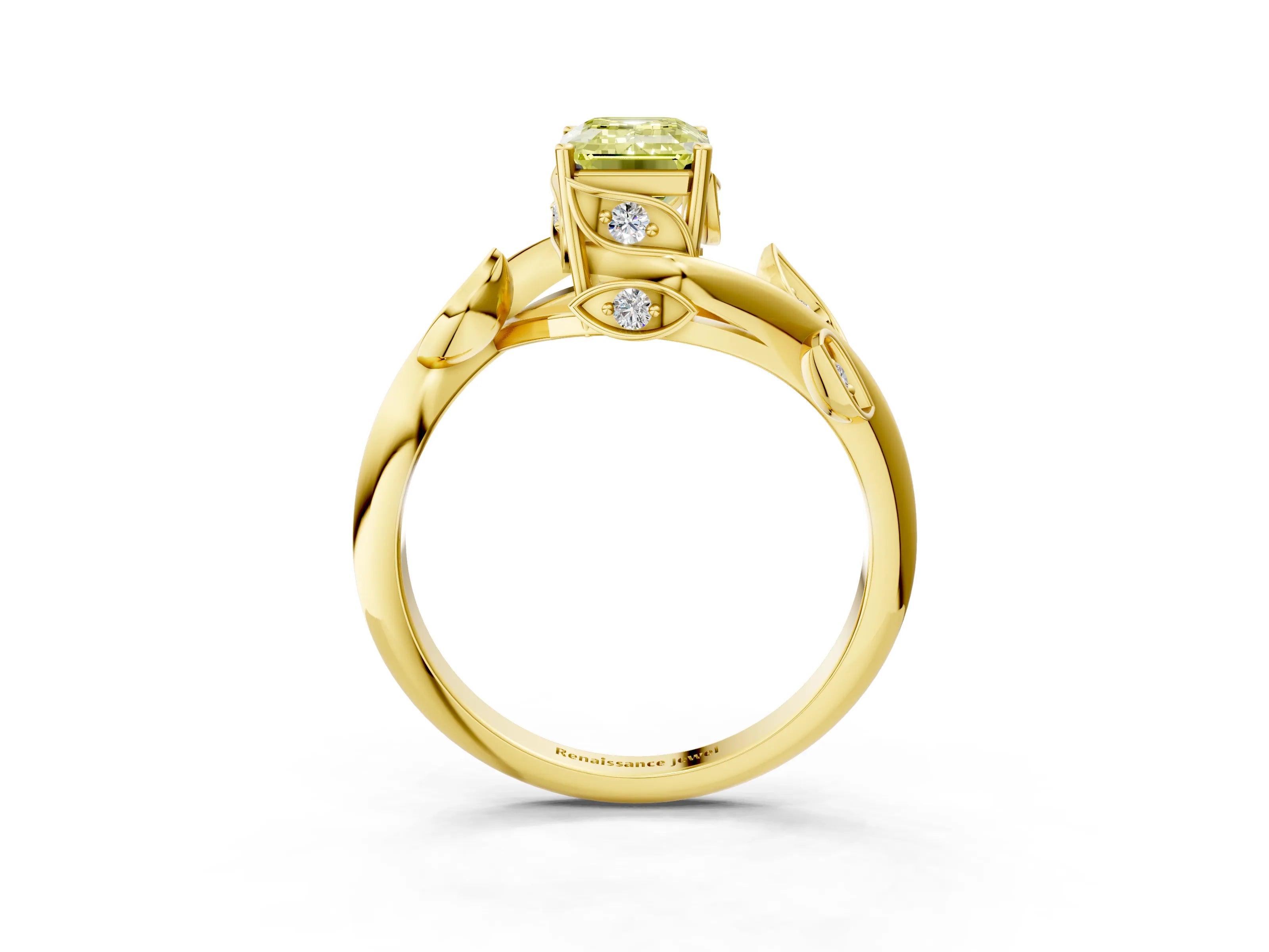 Yellow gold Fancy Yellow Emerald Cut Solitaire Twist Engagement Ring with Leaf Accents and Prong Setting_15