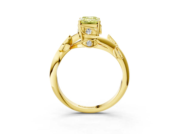 Yellow gold Fancy Yellow Emerald Cut Solitaire Twist Engagement Ring with Leaf Accents and Prong Setting