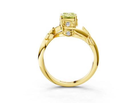 Yellow gold Fancy Yellow Emerald Cut Solitaire Twist Engagement Ring with Leaf Accents and Prong Setting_15