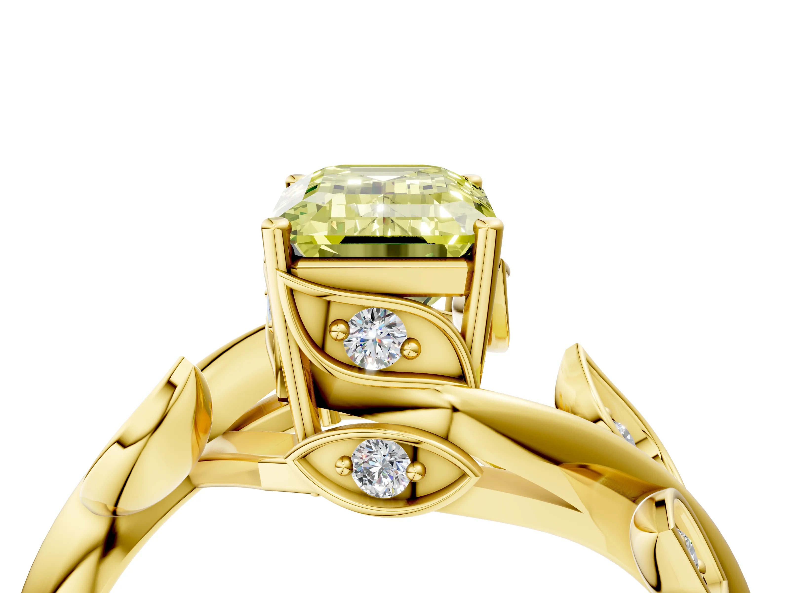 Yellow gold Fancy Yellow Emerald Cut Solitaire Twist Engagement Ring with Leaf Accents and Prong Setting_16