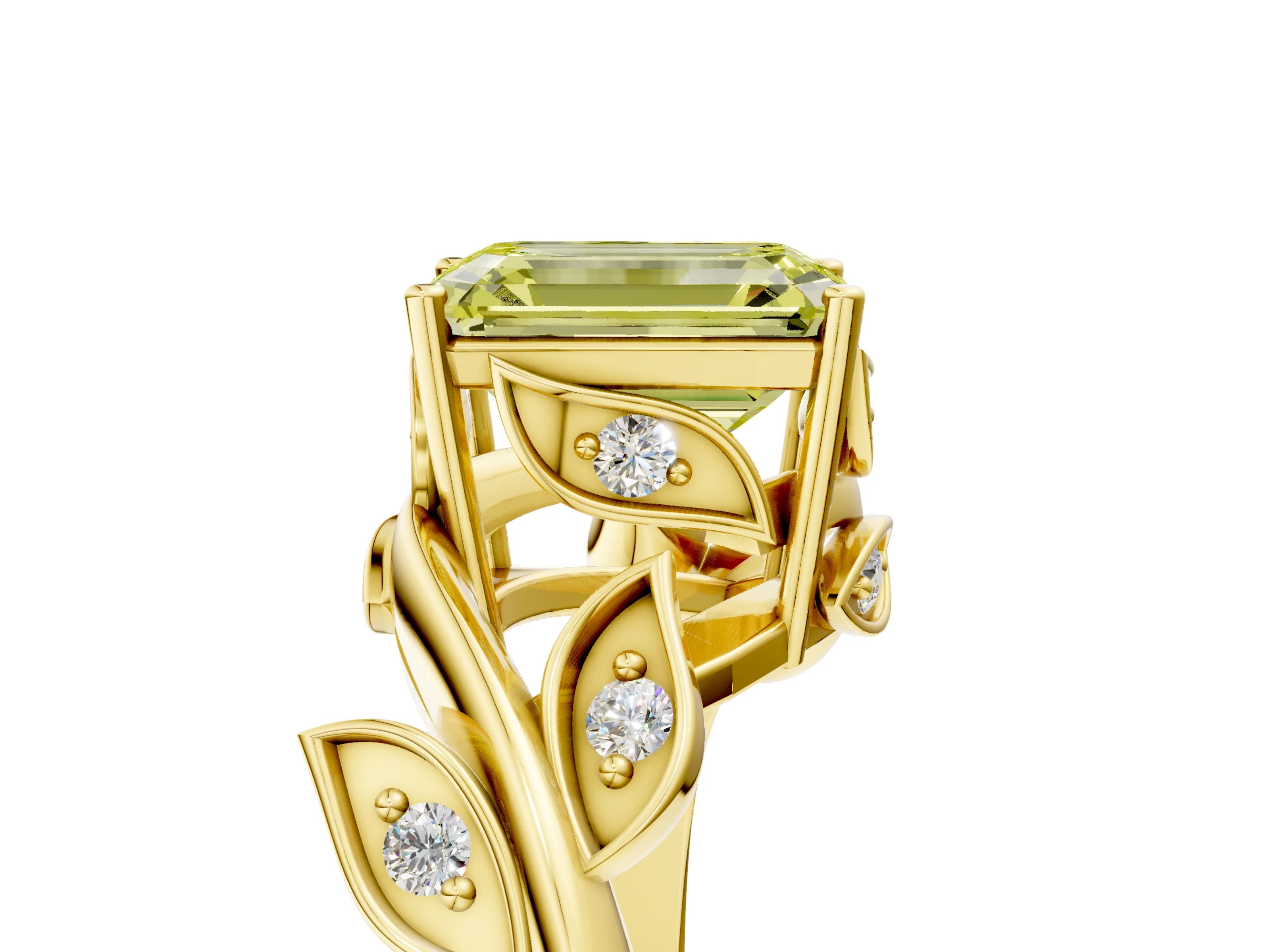 Yellow gold Fancy Yellow Emerald Cut Solitaire Twist Engagement Ring with Leaf Accents and Prong Setting_17