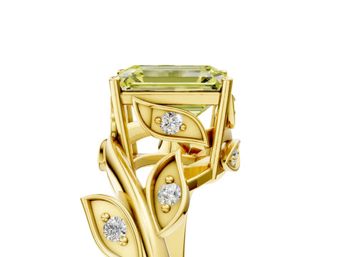 Yellow gold Fancy Yellow Emerald Cut Solitaire Twist Engagement Ring with Leaf Accents and Prong Setting_17