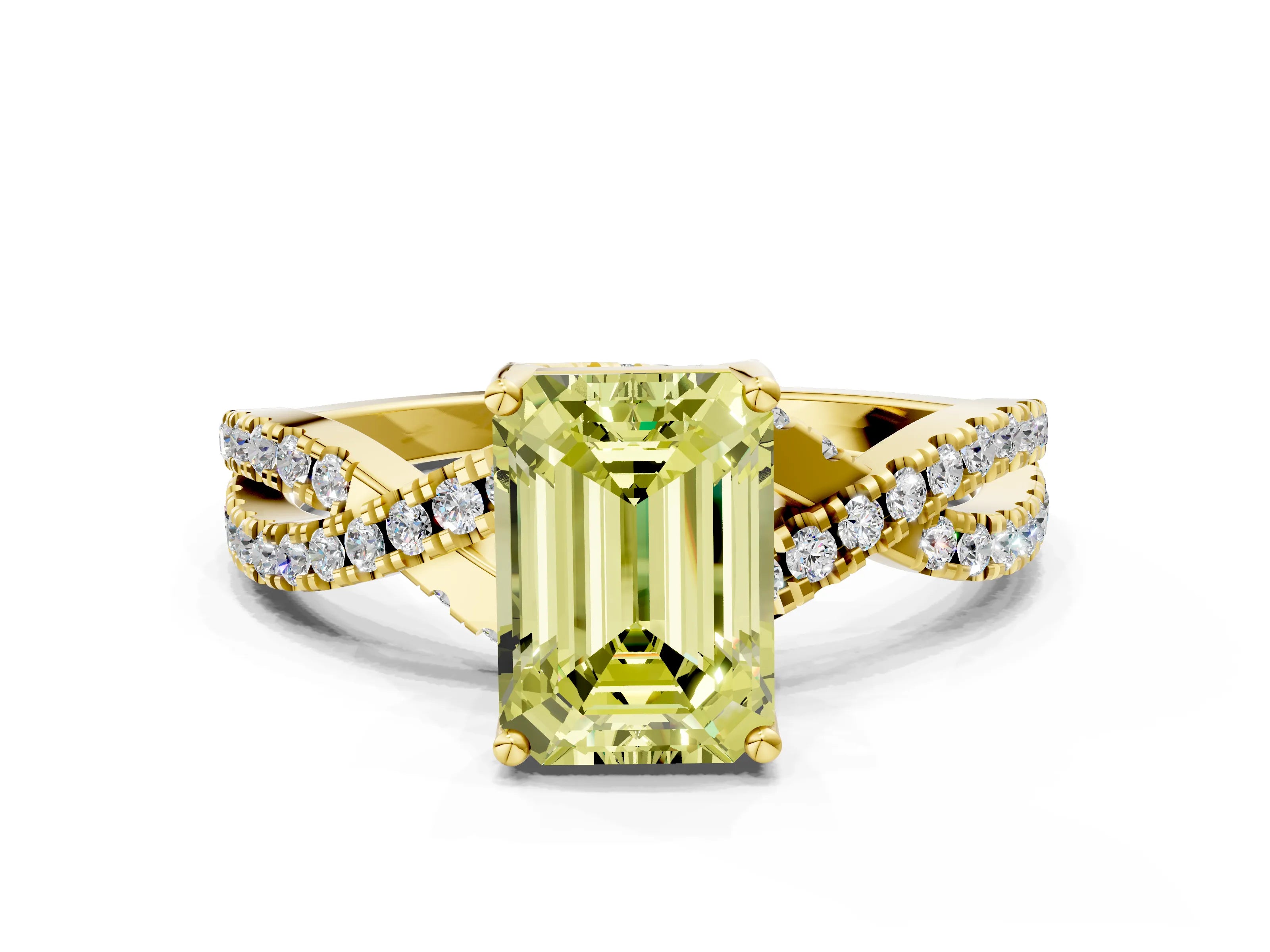 Yellow gold Fancy Yellow Emerald Cut Solitaire Twist Pave Diamond Engagement Ring with Prong Setting