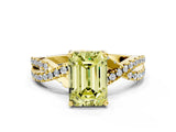 Yellow gold Fancy Yellow Emerald Cut Solitaire Twist Pave Diamond Engagement Ring with Prong Setting