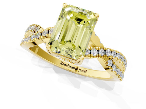 Yellow gold Fancy Yellow Emerald Cut Solitaire Twist Pave Diamond Engagement Ring with Prong Setting_1