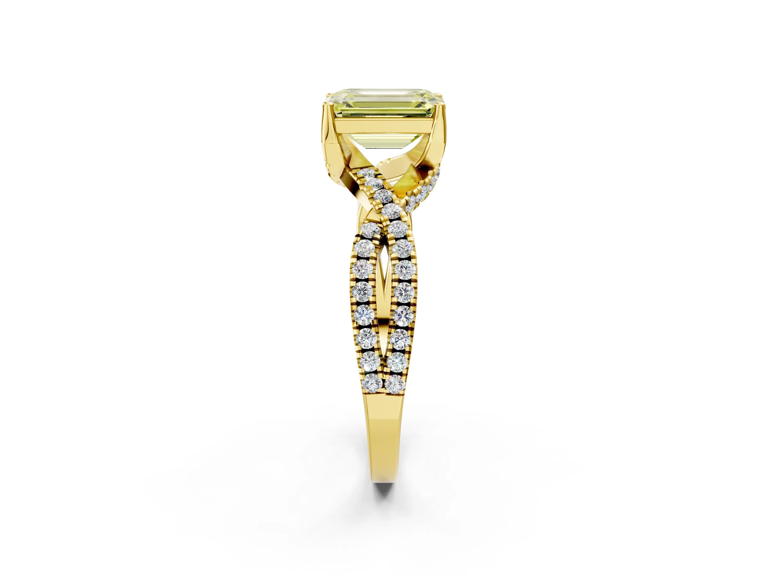 Yellow gold Fancy Yellow Emerald Cut Solitaire Twist Pave Diamond Engagement Ring with Prong Setting_2