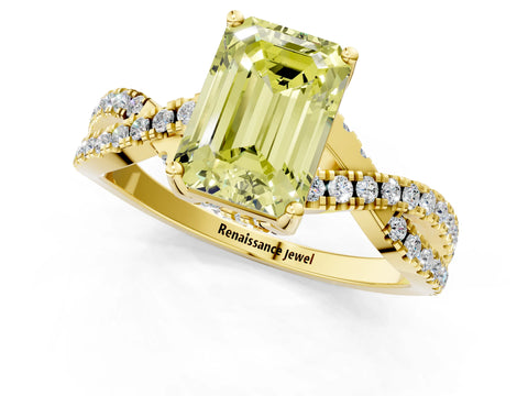 Yellow gold Fancy Yellow Emerald Cut Solitaire Twist Pave Diamond Engagement Ring with Prong Setting_25
