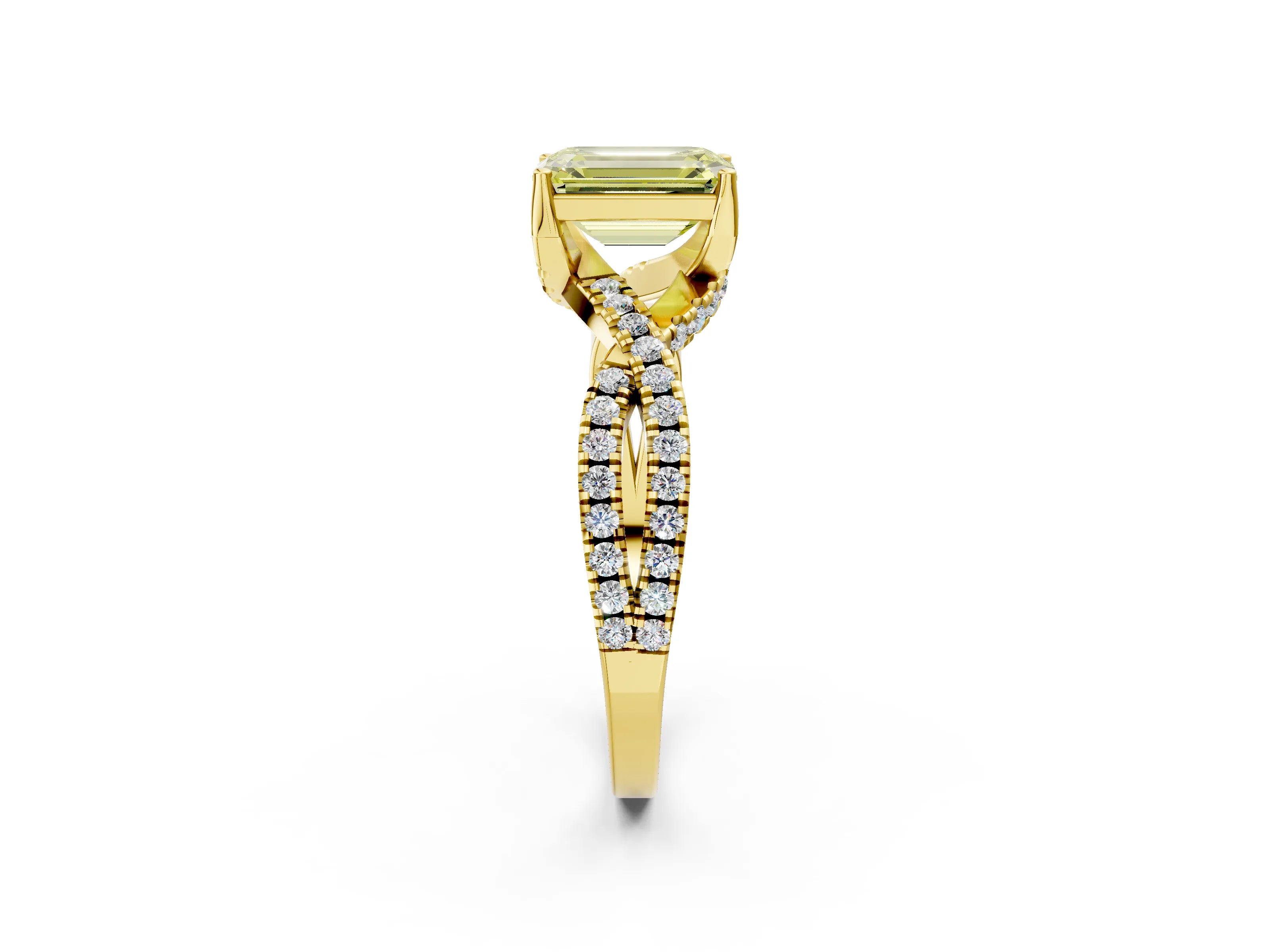 Yellow gold Fancy Yellow Emerald Cut Solitaire Twist Pave Diamond Engagement Ring with Prong Setting_26