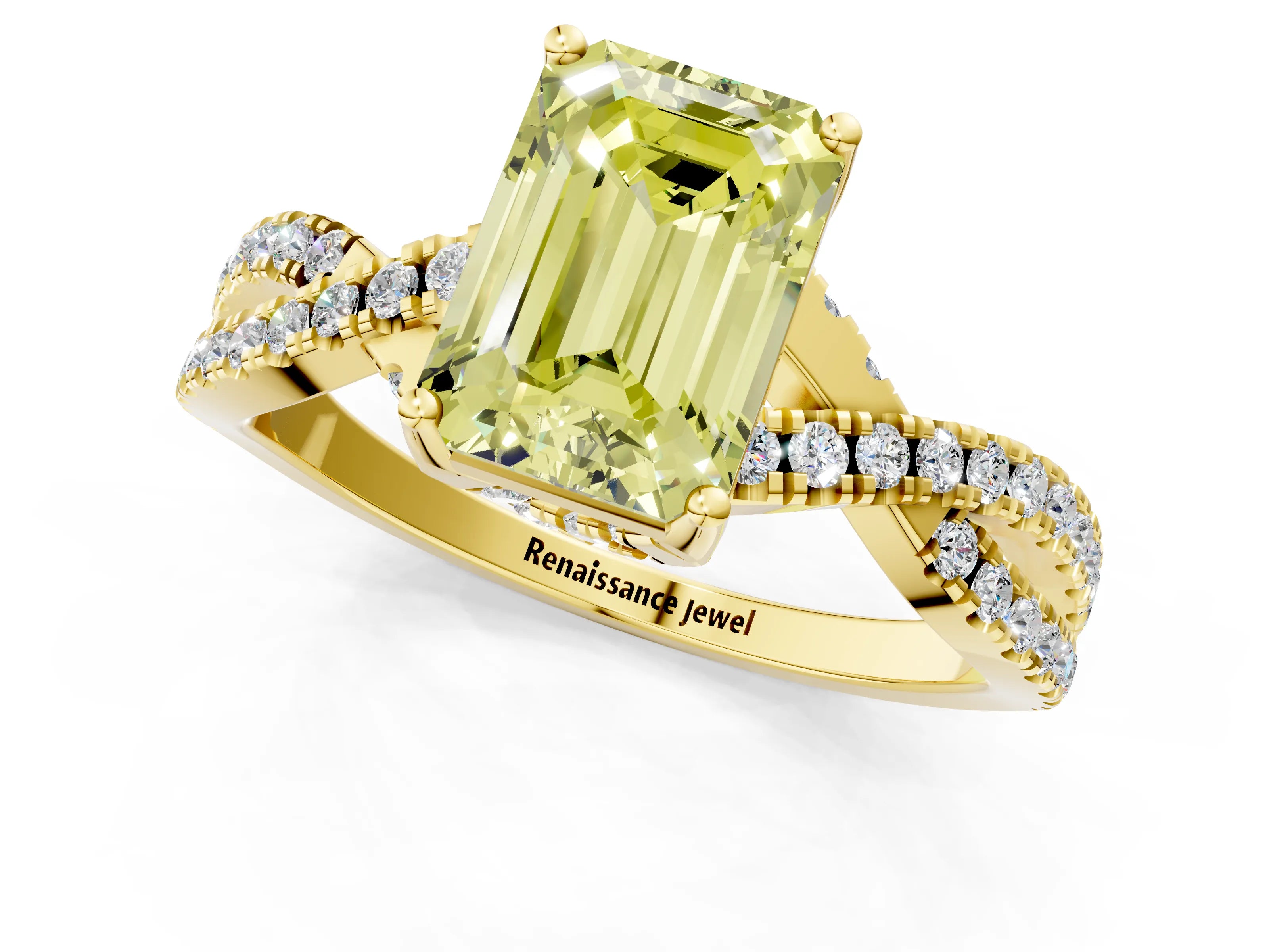 Yellow gold Fancy Yellow Emerald Cut Solitaire Twist Pave Diamond Engagement Ring with Prong Setting_31
