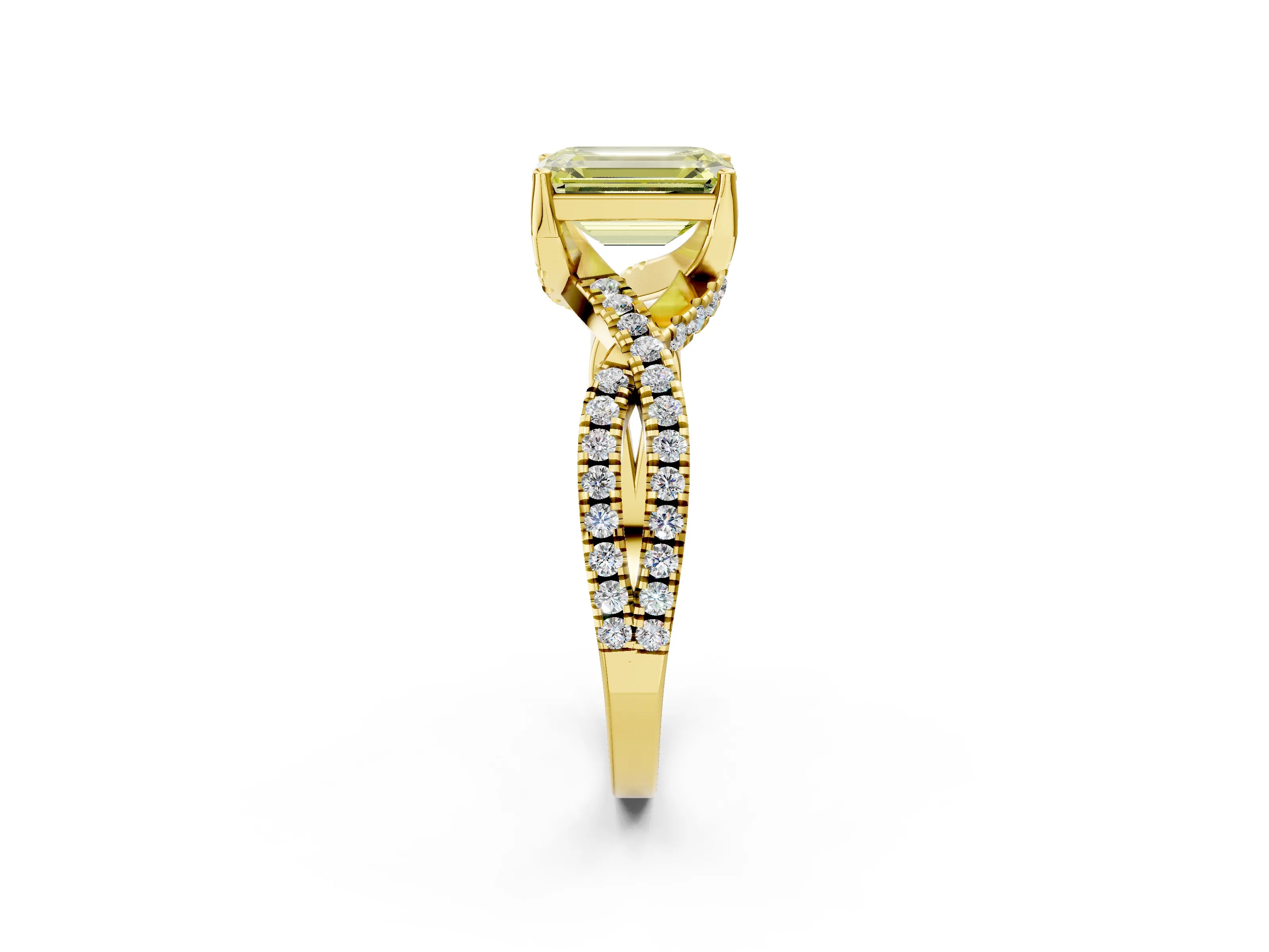 Yellow gold Fancy Yellow Emerald Cut Solitaire Twist Pave Diamond Engagement Ring with Prong Setting_32