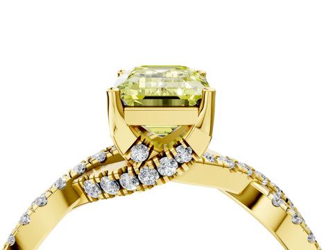 Yellow gold Fancy Yellow Emerald Cut Solitaire Twist Pave Diamond Engagement Ring with Prong Setting_4